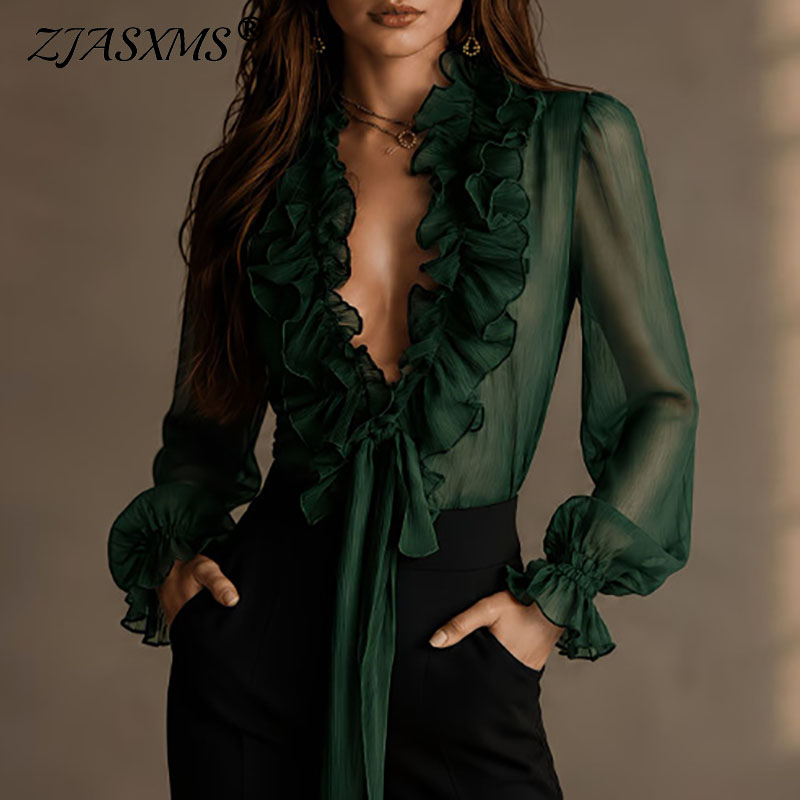 Wrap Blouse Chiffon - Elegant Women Solid Sheer Shirt Deep