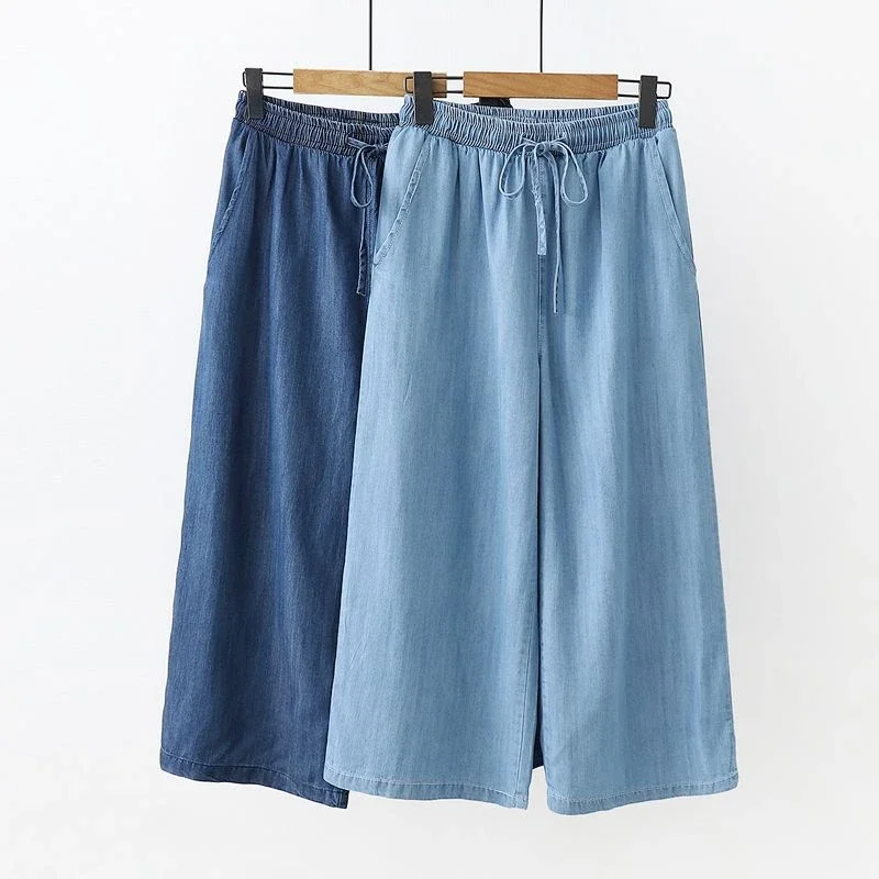 Mom Jeans Women - Fashion Cotton Blue Calf-Length Jeans Pants