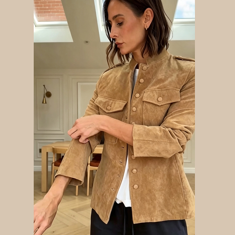 Women'S Fashion Utility Jacket - Women Faux Suede Cropped Jacket Stand