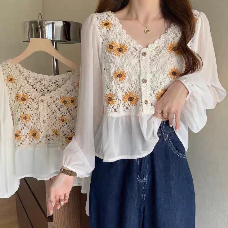 Crochet Top Chiffon Flower Emb - Wrap Blouse Chiffon recension och pris