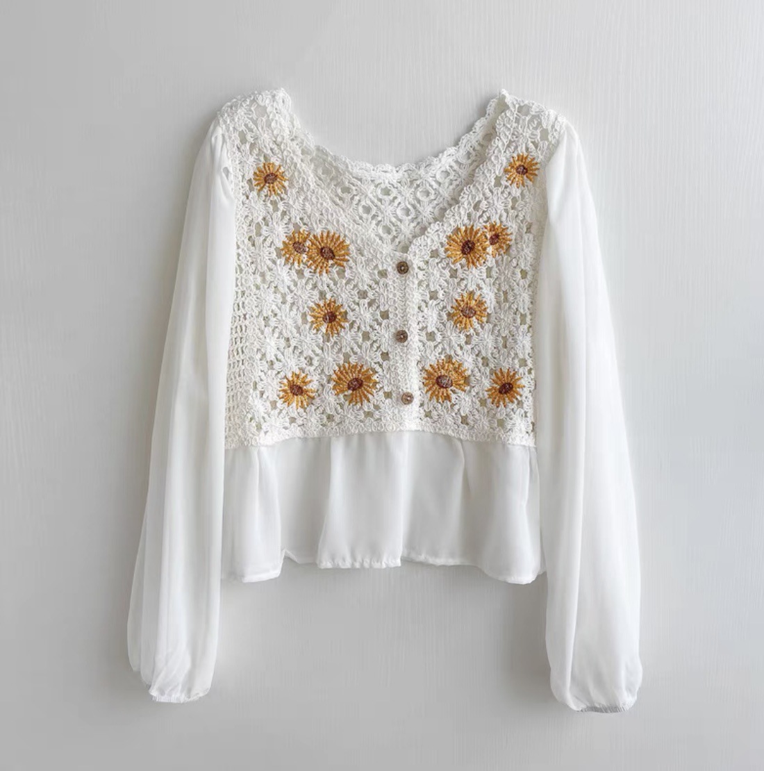 Crochet Top Chiffon Flower Emb - Wrap Blouse Chiffon recension och pris