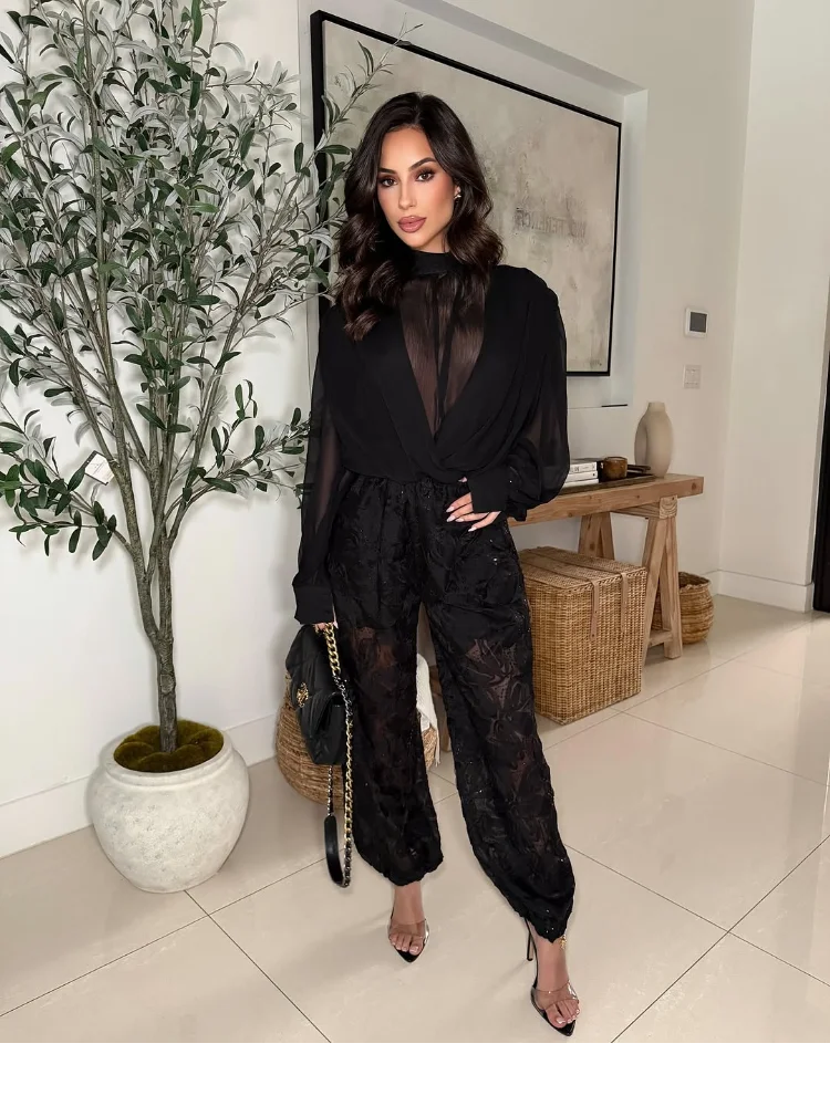 Sexy Black Sheer Chiffon Blous - Wrap Blouse Chiffon recension och pris