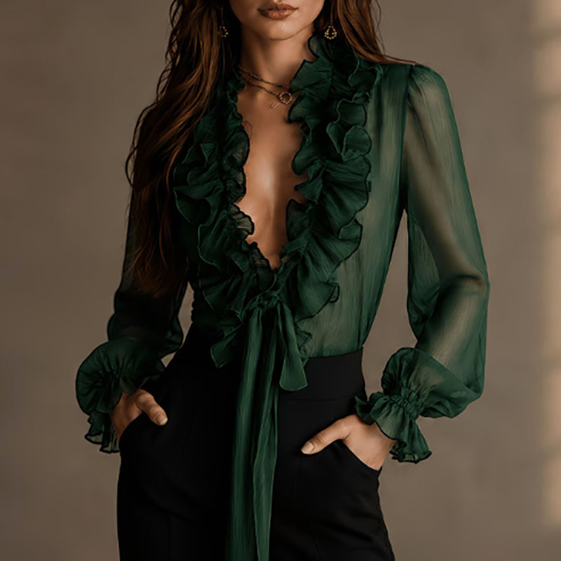 Elegant Women Solid Sheer Shir - Wrap Blouse Chiffon recension och pris