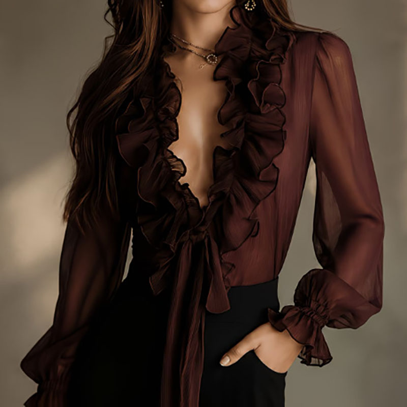 Elegant Women Solid Sheer Shir - Wrap Blouse Chiffon recension och pris