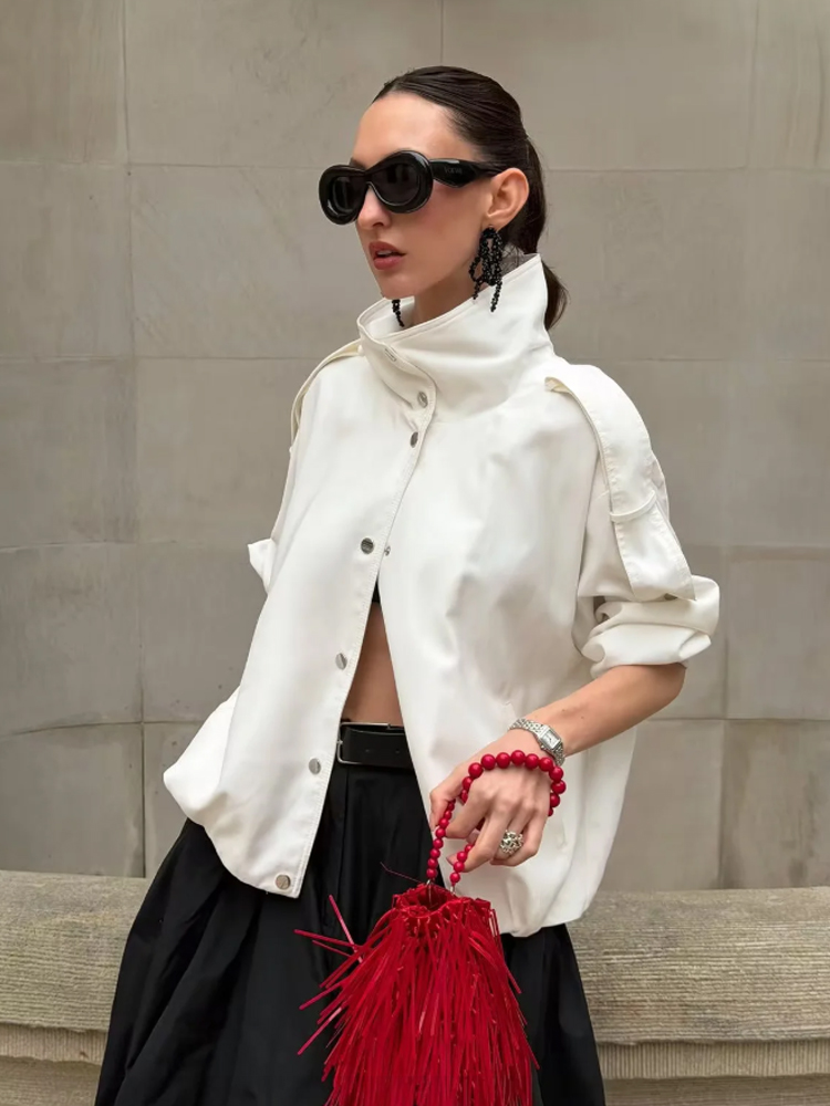 White High Collar Cropped Tren - Women'S Fashion Utility Jacket recension och pris