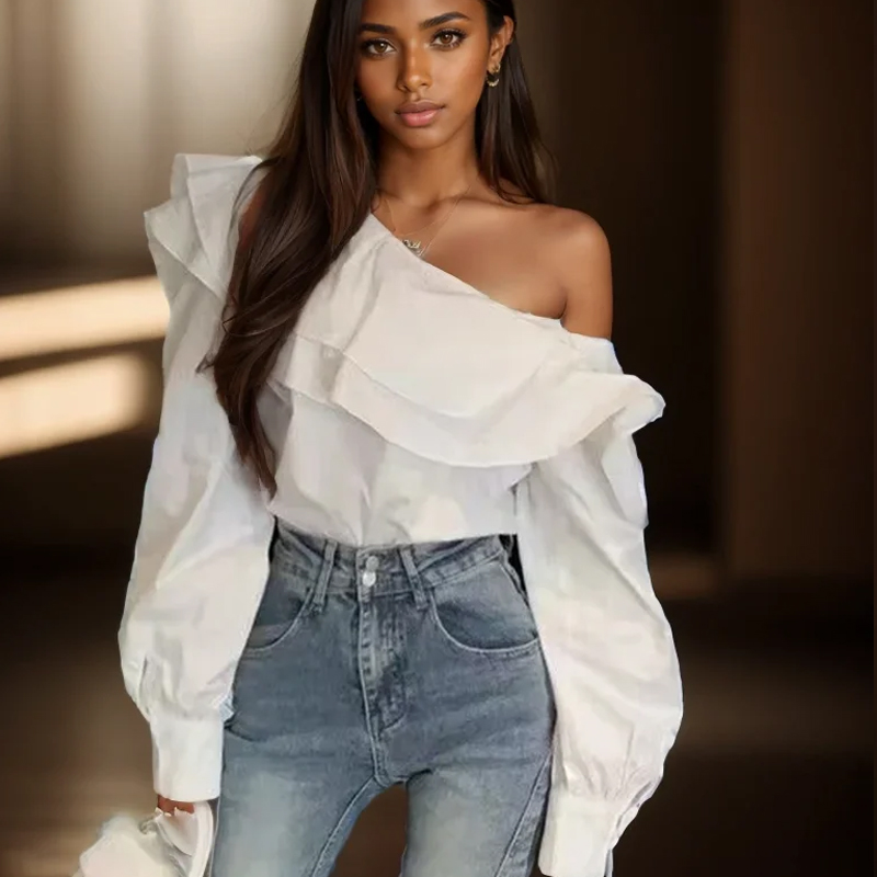 Vintage Ruffled Off Shoulder W - Wrap Blouse Chiffon recension och pris