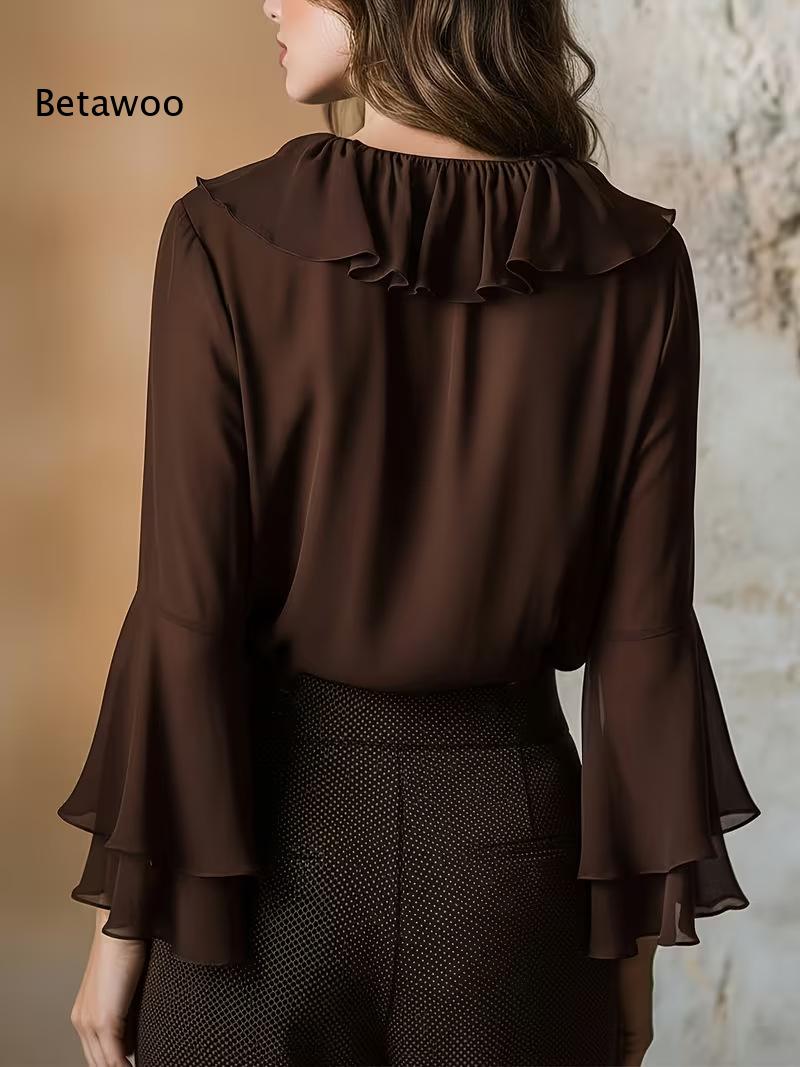 Women Elegant Ruffle V Neck Ch - Wrap Blouse Chiffon recension och pris