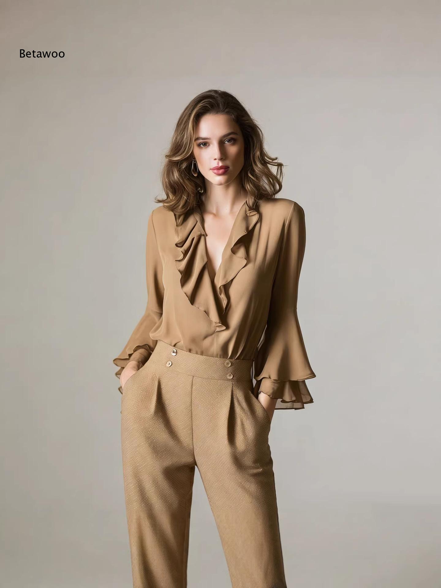 Women Elegant Ruffle V Neck Ch - Wrap Blouse Chiffon recension och pris
