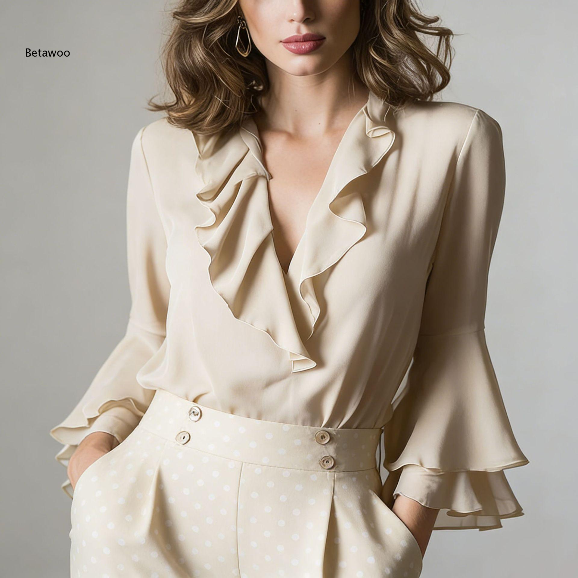 Women Elegant Ruffle V Neck Ch - Wrap Blouse Chiffon recension och pris